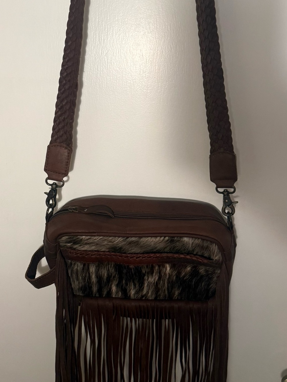 Brown Leather Fringe Crossbody Bag with Braided Strap